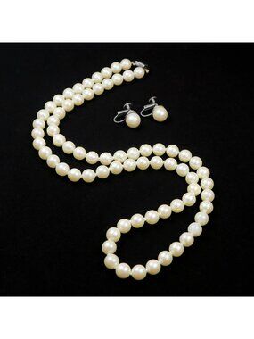 Faux Pearl Necklace and Clip-On Earrings Set Vintage Mid-Century Jewelry